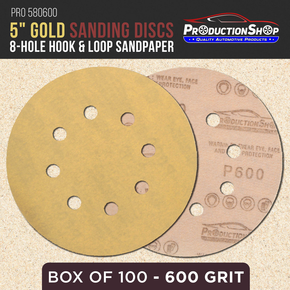 Premium 600 Grit 5" Gold Sanding Discs, 8-Hole Pattern, Box of 100 - Dustless Hook & Loop Backing Sandpaper for DA & Random Orbital Sanders