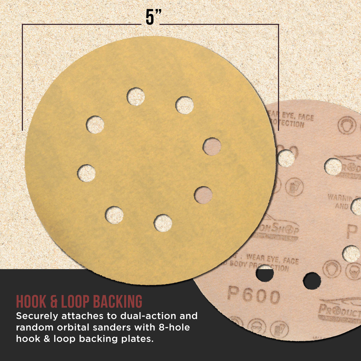 Premium 600 Grit 5" Gold Sanding Discs, 8-Hole Pattern, Box of 100 - Dustless Hook & Loop Backing Sandpaper for DA & Random Orbital Sanders