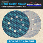 Premium 60 Grit 5" Rhombus Diamond Shape Blue Sanding Discs, 8-Hole, Box of 50 - Hook & Loop Anti-Clogging J-Cloth Dustless Sandpaper for Random Orbital Sanders