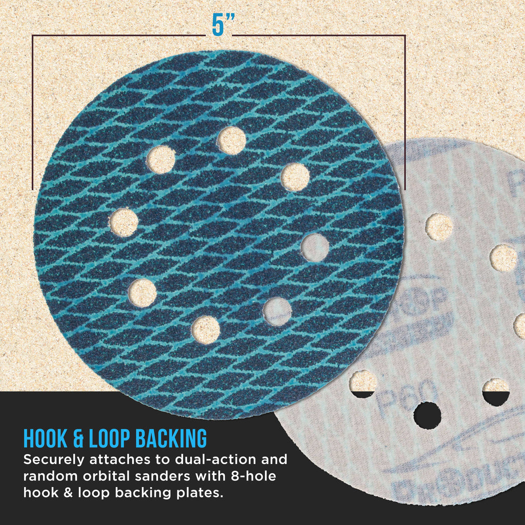 Premium 60 Grit 5" Rhombus Diamond Shape Blue Sanding Discs, 8-Hole, Box of 50 - Hook & Loop Anti-Clogging J-Cloth Dustless Sandpaper for Random Orbital Sanders