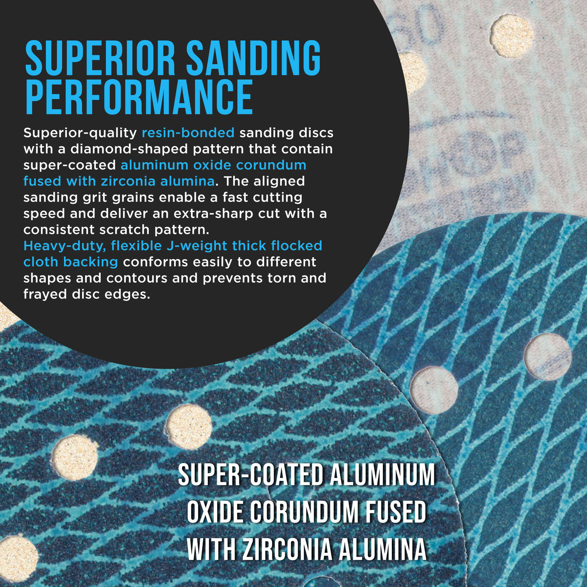 Premium 60 Grit 5" Rhombus Diamond Shape Blue Sanding Discs, 8-Hole, Box of 50 - Hook & Loop Anti-Clogging J-Cloth Dustless Sandpaper for Random Orbital Sanders