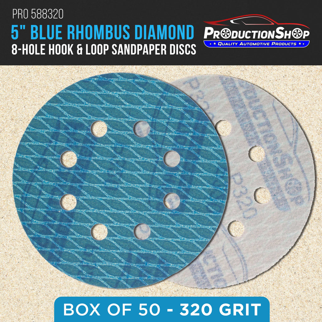 Premium 320 Grit 5" Rhombus Diamond Shape Blue Sanding Discs, 8-Hole, Box of 50 - Hook & Loop Anti-Clogging J-Cloth Dustless Sandpaper for Random Orbital Sanders