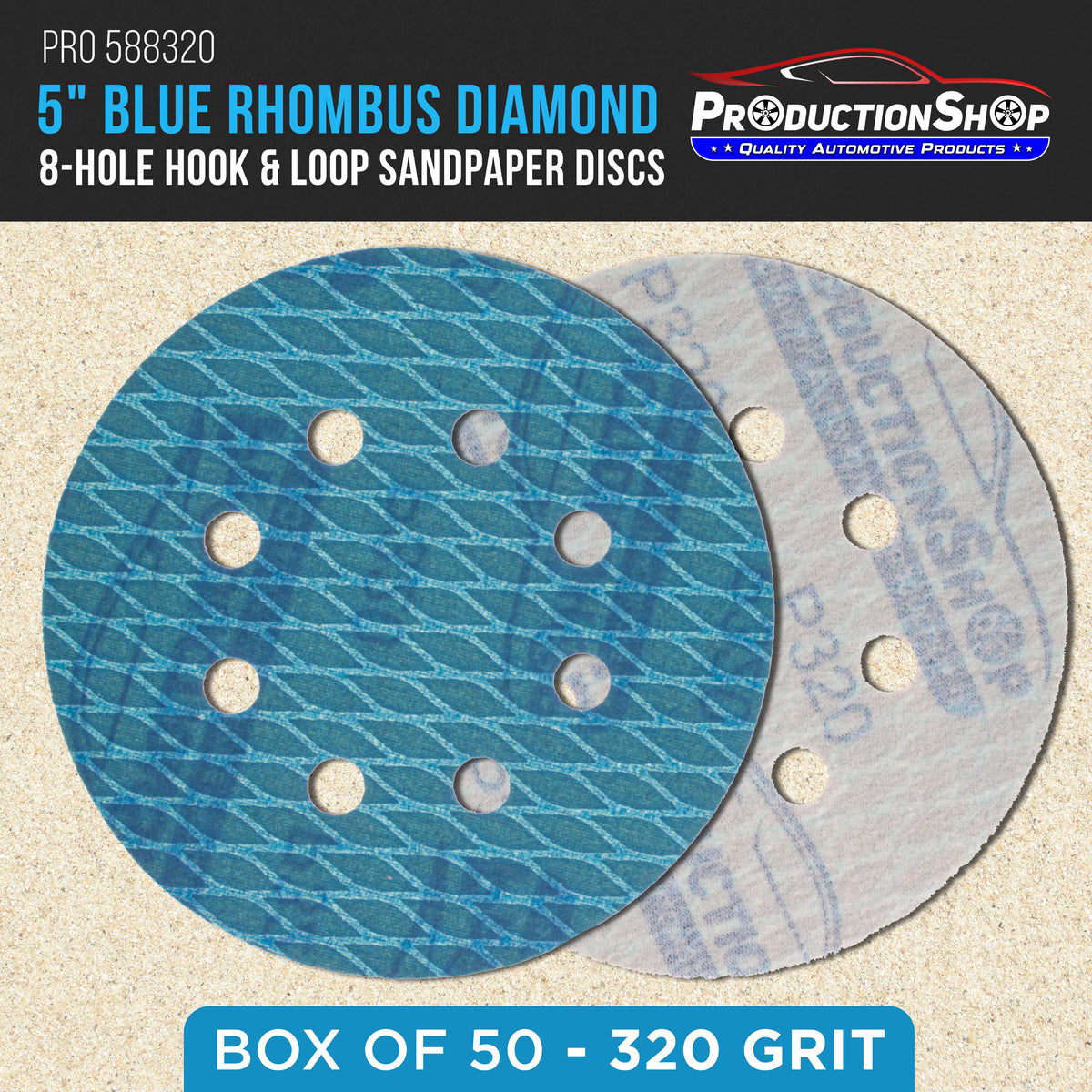 Premium 320 Grit 5" Rhombus Diamond Shape Blue Sanding Discs, 8-Hole, Box of 50 - Hook & Loop Anti-Clogging J-Cloth Dustless Sandpaper for Random Orbital Sanders