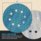 Premium 320 Grit 5" Rhombus Diamond Shape Blue Sanding Discs, 8-Hole, Box of 50 - Hook & Loop Anti-Clogging J-Cloth Dustless Sandpaper for Random Orbital Sanders