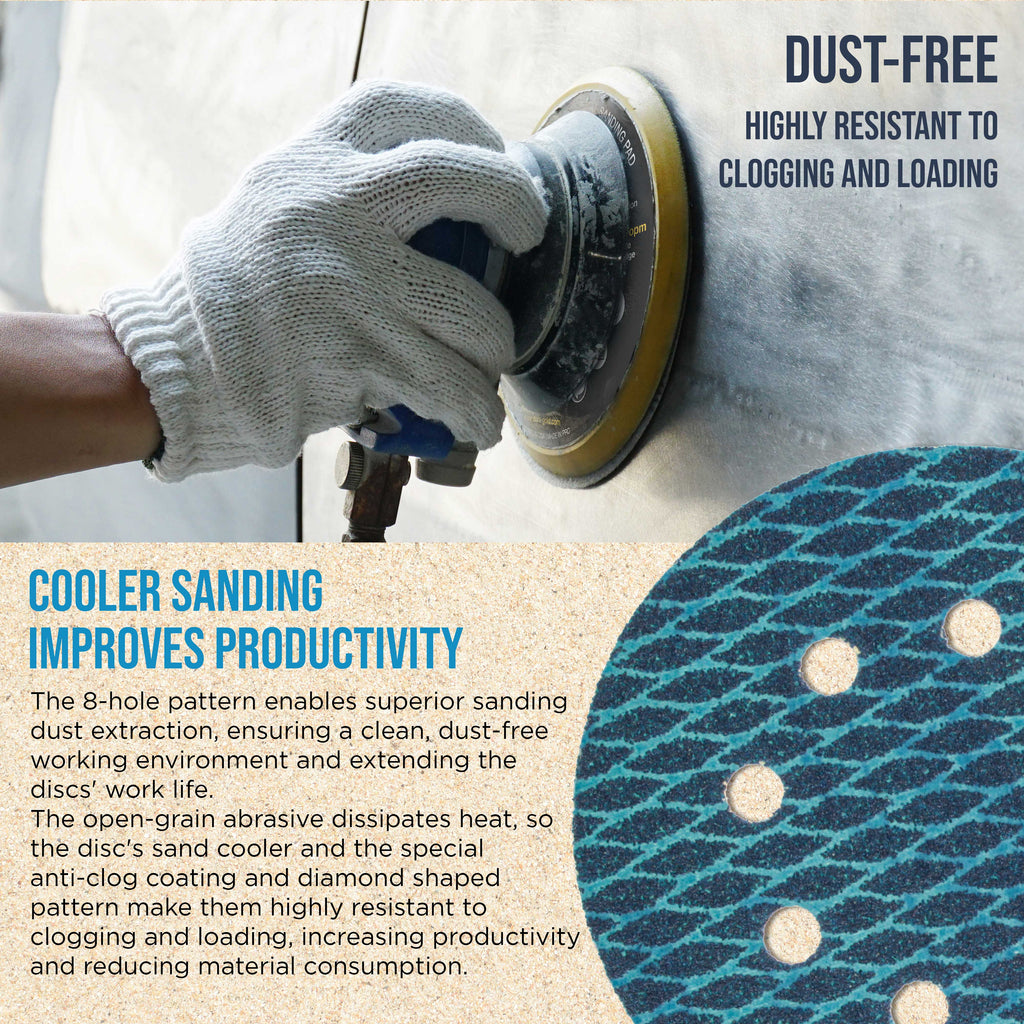 Premium 320 Grit 5" Rhombus Diamond Shape Blue Sanding Discs, 8-Hole, Box of 50 - Hook & Loop Anti-Clogging J-Cloth Dustless Sandpaper for Random Orbital Sanders