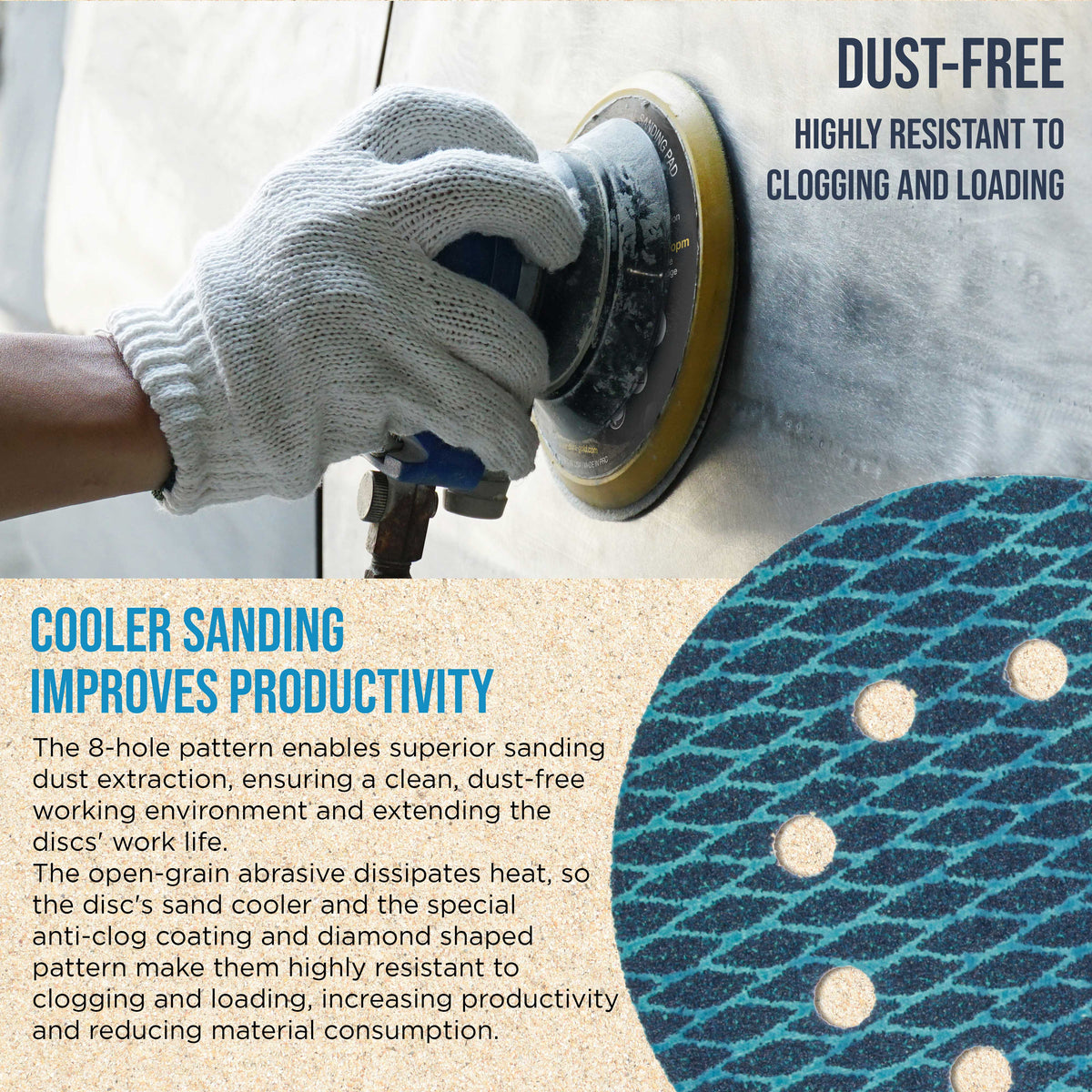 Premium 400 Grit 5" Rhombus Diamond Shape Blue Sanding Discs, 8-Hole, Box of 50 - Hook & Loop Anti-Clogging J-Cloth Dustless Sandpaper for Random Orbital Sanders