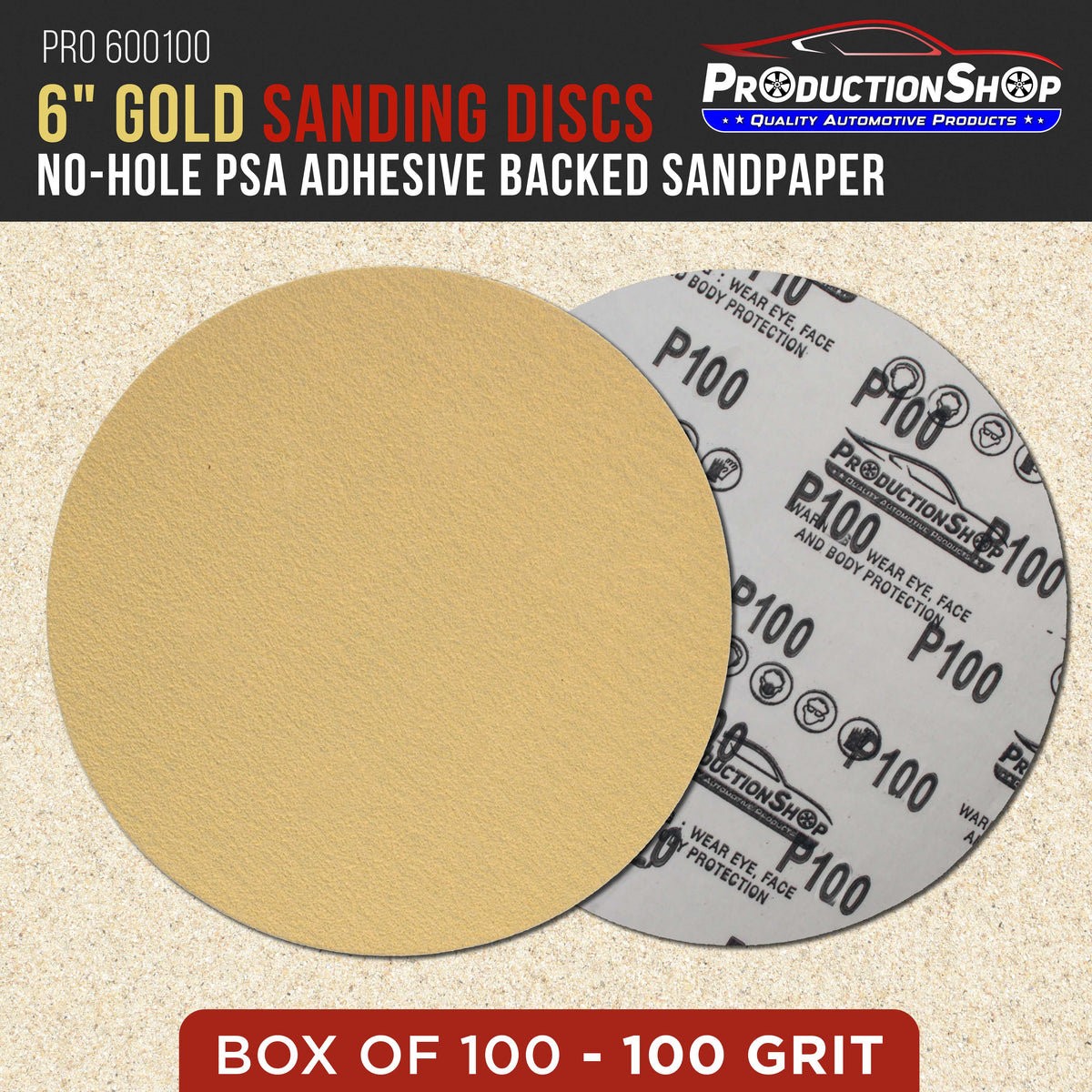 Premium 100 Grit 6" PSA Gold Sanding Discs, Box of 100 - Self Adhesive Stickyback Abrasive Sandpaper for DA & Random Orbital Sanders