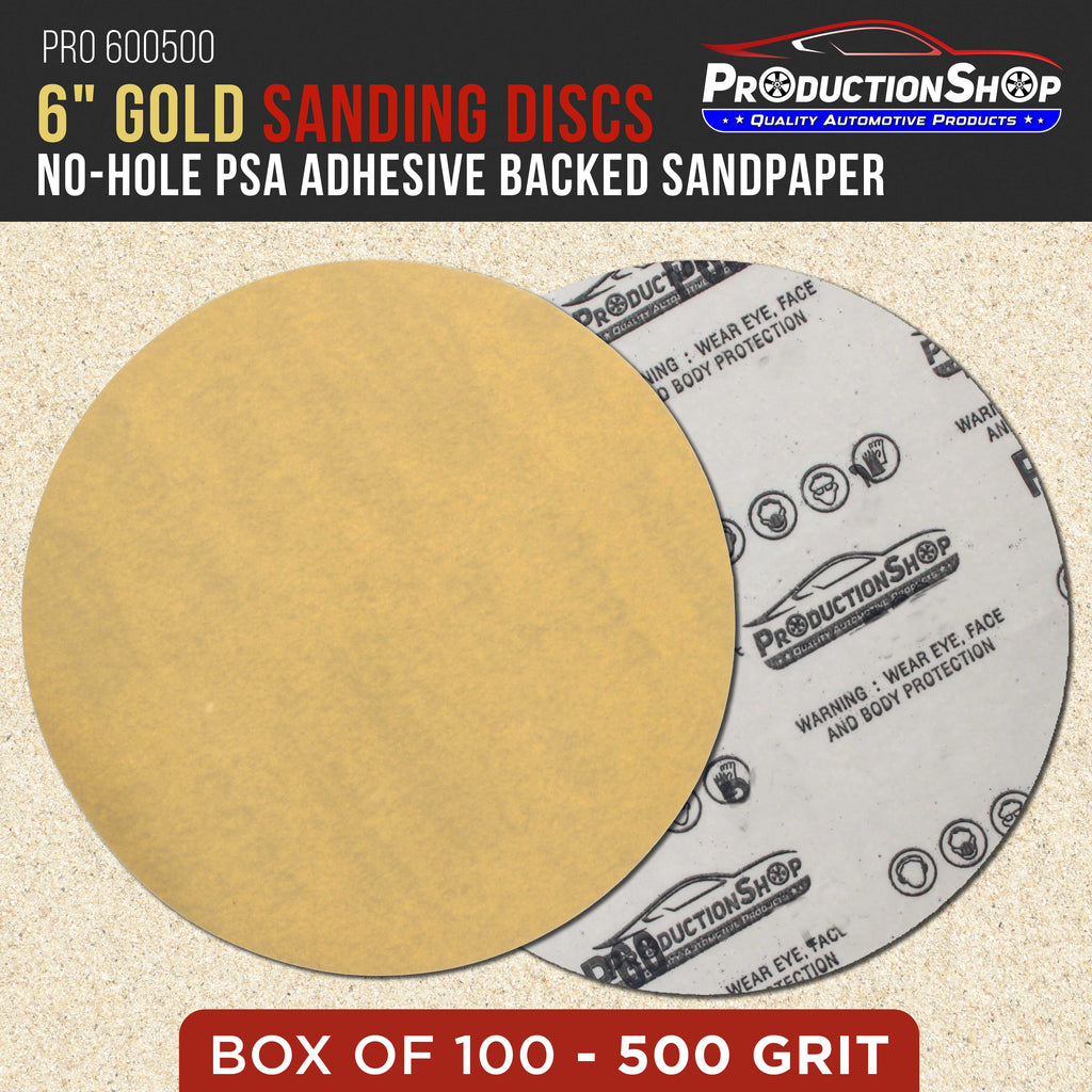 Premium 500 Grit 6" PSA Gold Sanding Discs, Box of 100 - Self Adhesive Stickyback Abrasive Sandpaper for DA & Random Orbital Sanders