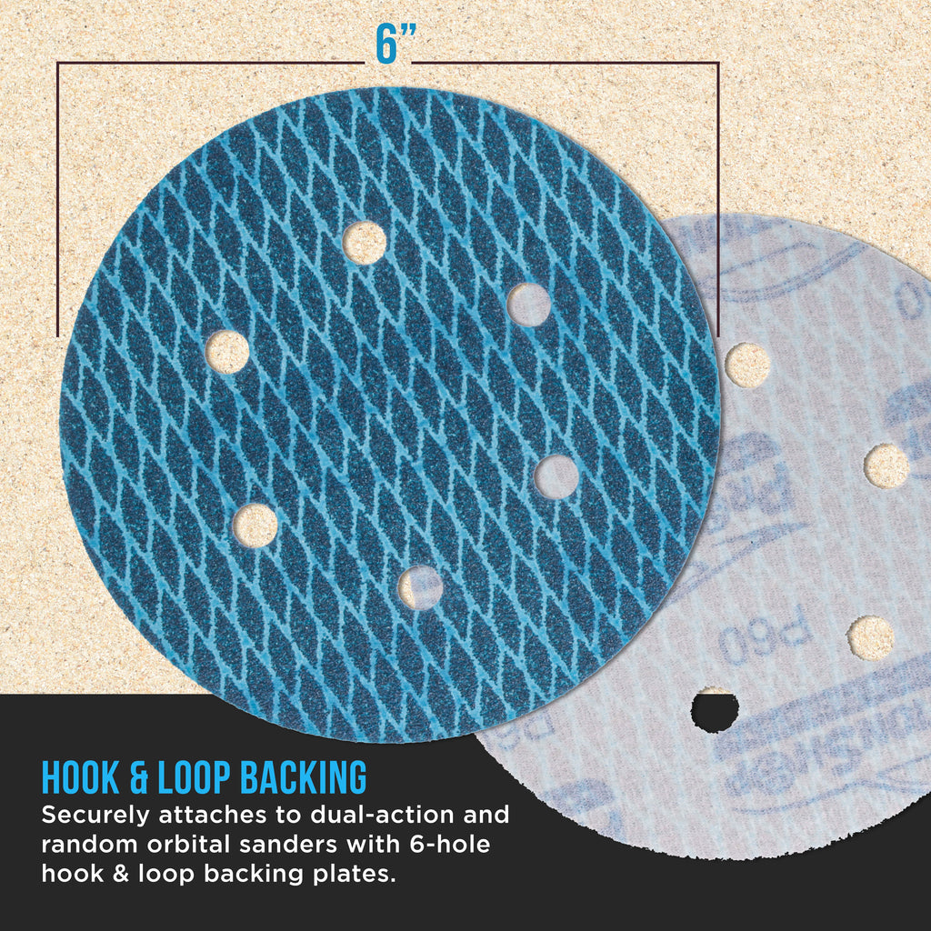 Premium 60 Grit 6" Rhombus Diamond Shape Blue Sanding Discs, 6-Hole, Box of 50 - Hook & Loop Anti-Clogging J-Cloth Dustless Sandpaper for Random Orbital Sanders