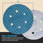 Premium 60 Grit 6" Rhombus Diamond Shape Blue Sanding Discs, 6-Hole, Box of 50 - Hook & Loop Anti-Clogging J-Cloth Dustless Sandpaper for Random Orbital Sanders