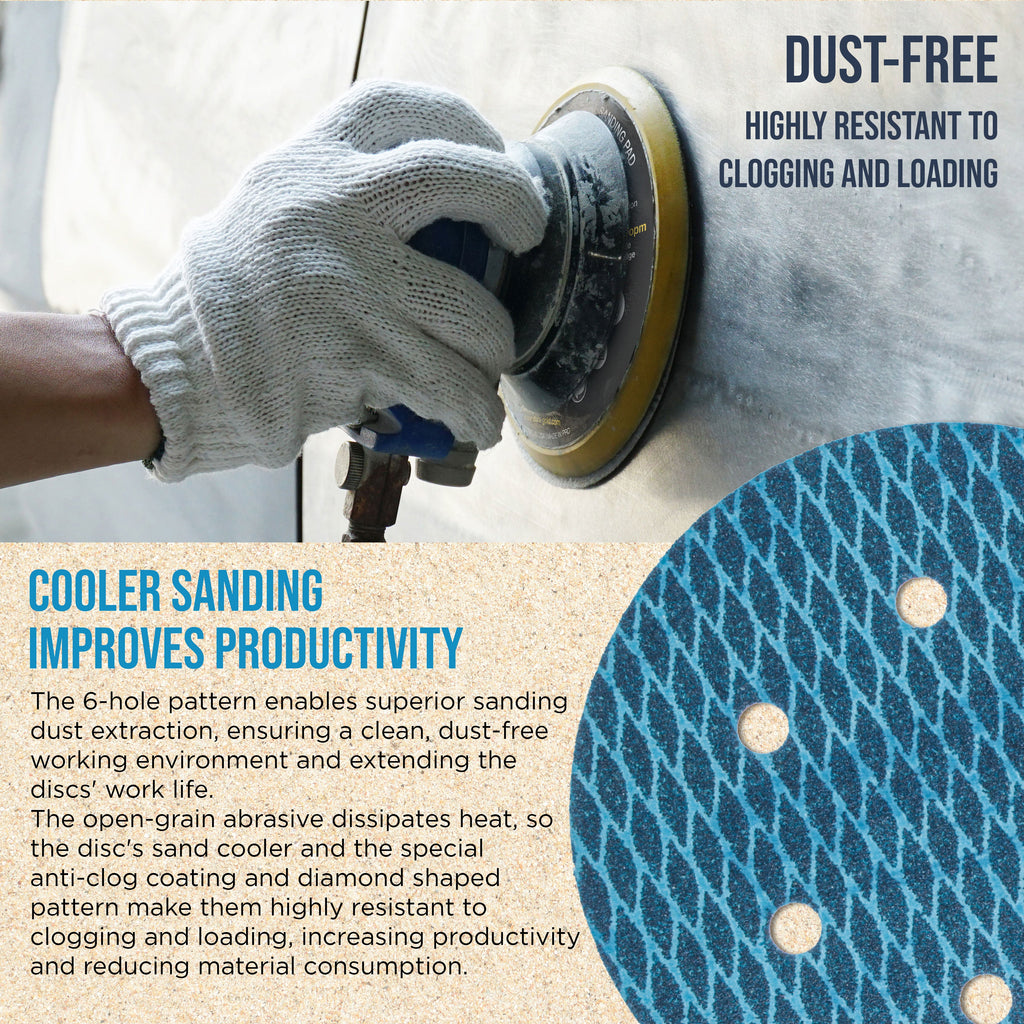 Premium 60 Grit 6" Rhombus Diamond Shape Blue Sanding Discs, 6-Hole, Box of 50 - Hook & Loop Anti-Clogging J-Cloth Dustless Sandpaper for Random Orbital Sanders