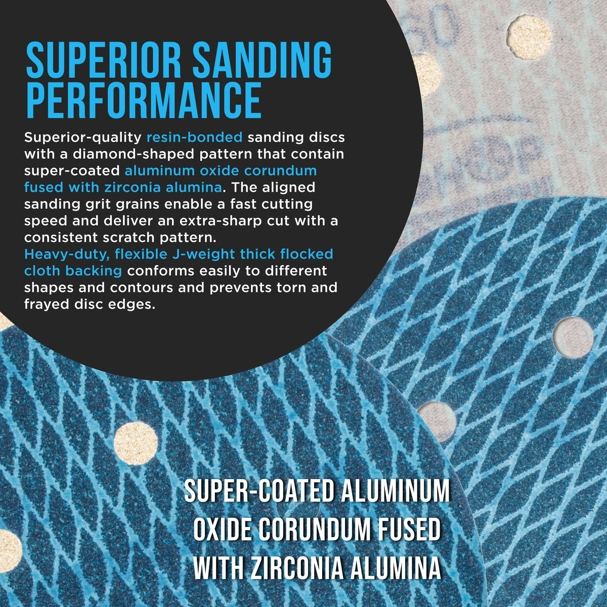 Premium 80 Grit 6" Rhombus Diamond Shape Blue Sanding Discs, 6-Hole, Box of 50 - Hook & Loop Anti-Clogging J-Cloth Dustless Sandpaper for Random Orbital Sanders