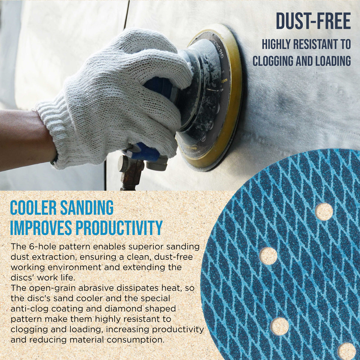 Premium 80 Grit 6" Rhombus Diamond Shape Blue Sanding Discs, 6-Hole, Box of 50 - Hook & Loop Anti-Clogging J-Cloth Dustless Sandpaper for Random Orbital Sanders