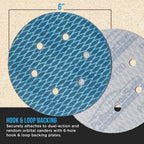 Premium 120 Grit 6" Rhombus Diamond Shape Blue Sanding Discs, 6-Hole, Box of 50 - Hook & Loop Anti-Clogging J-Cloth Dustless Sandpaper for Random Orbital Sanders