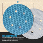 Premium 220 Grit 6" Rhombus Diamond Shape Blue Sanding Discs, 6-Hole, Box of 50 - Hook & Loop Anti-Clogging J-Cloth Dustless Sandpaper for Random Orbital Sanders