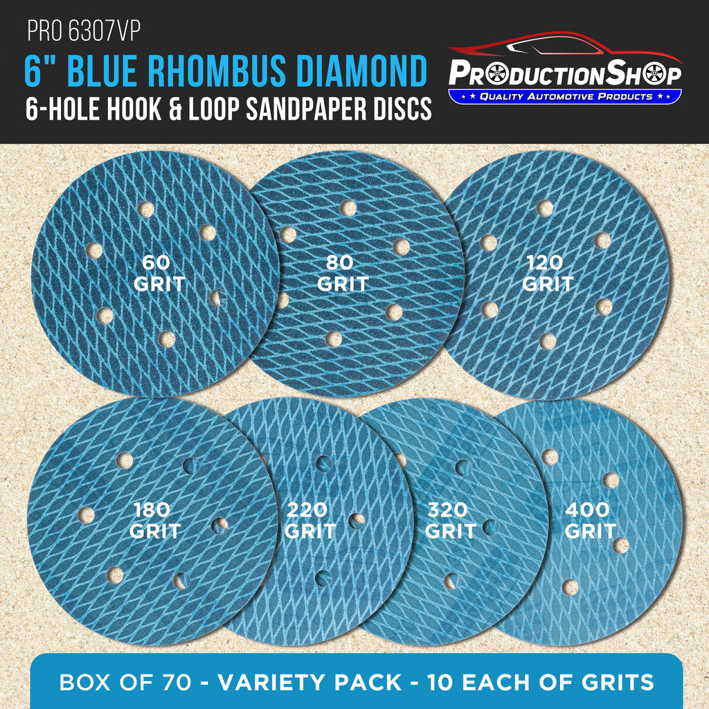 Premium 6" Rhombus Diamond Shape Blue Sanding Discs, 6-Hole, 70 Disc Variety Pack, Grits 60, 80, 120, 150, 180, 220, 320, 400 - Hook & Loop Sandpaper, Random Orbital Sanders
