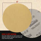 Premium 60 Grit 6" Gold Sanding Discs, Box of 80 - Hook & Loop Backing Abrasive Sandpaper for DA & Random Orbital Sanders