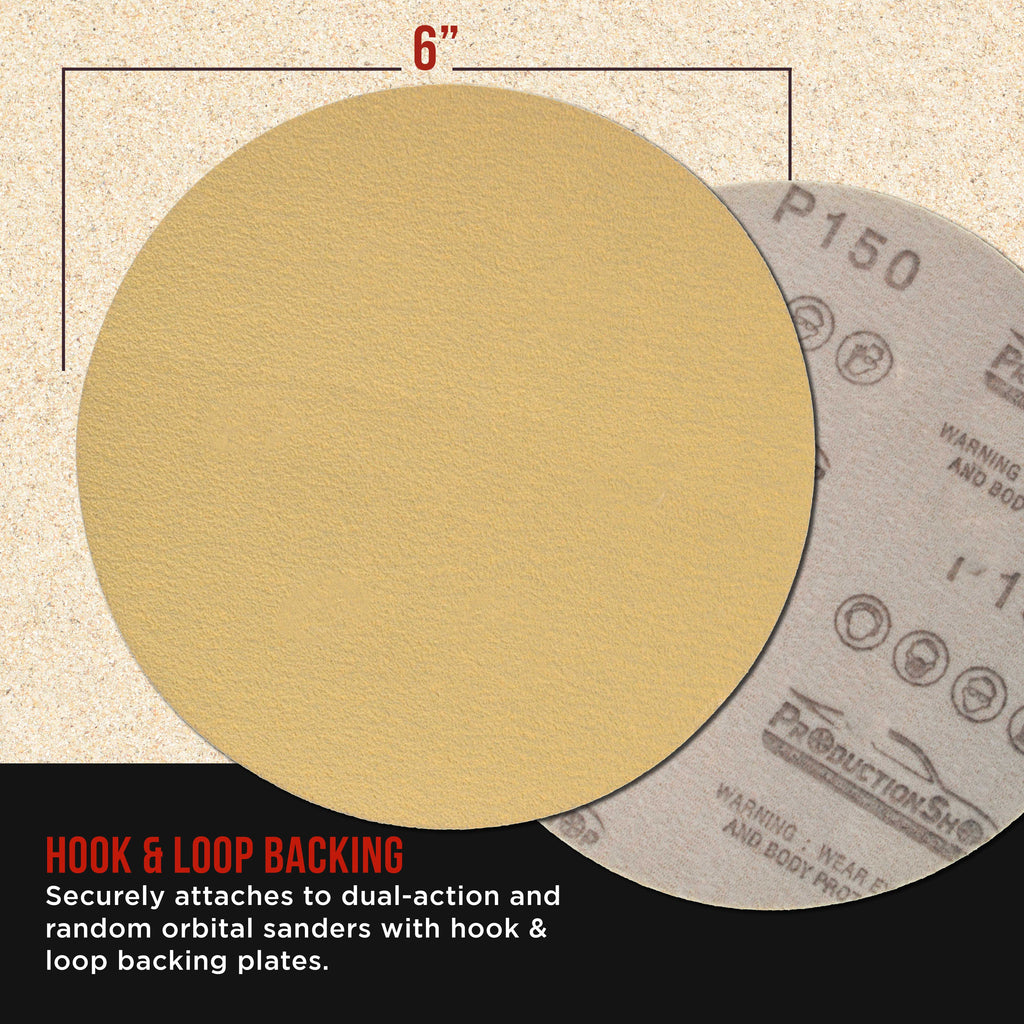 Premium 150 Grit 6" Gold Sanding Discs, Box of 100 - Hook & Loop Backing Abrasive Sandpaper for DA & Random Orbital Sanders