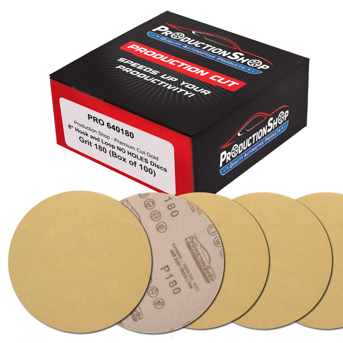 Premium 180 Grit 6" Gold Sanding Discs, Box of 100 - Hook & Loop Backing Abrasive Sandpaper for DA & Random Orbital Sanders