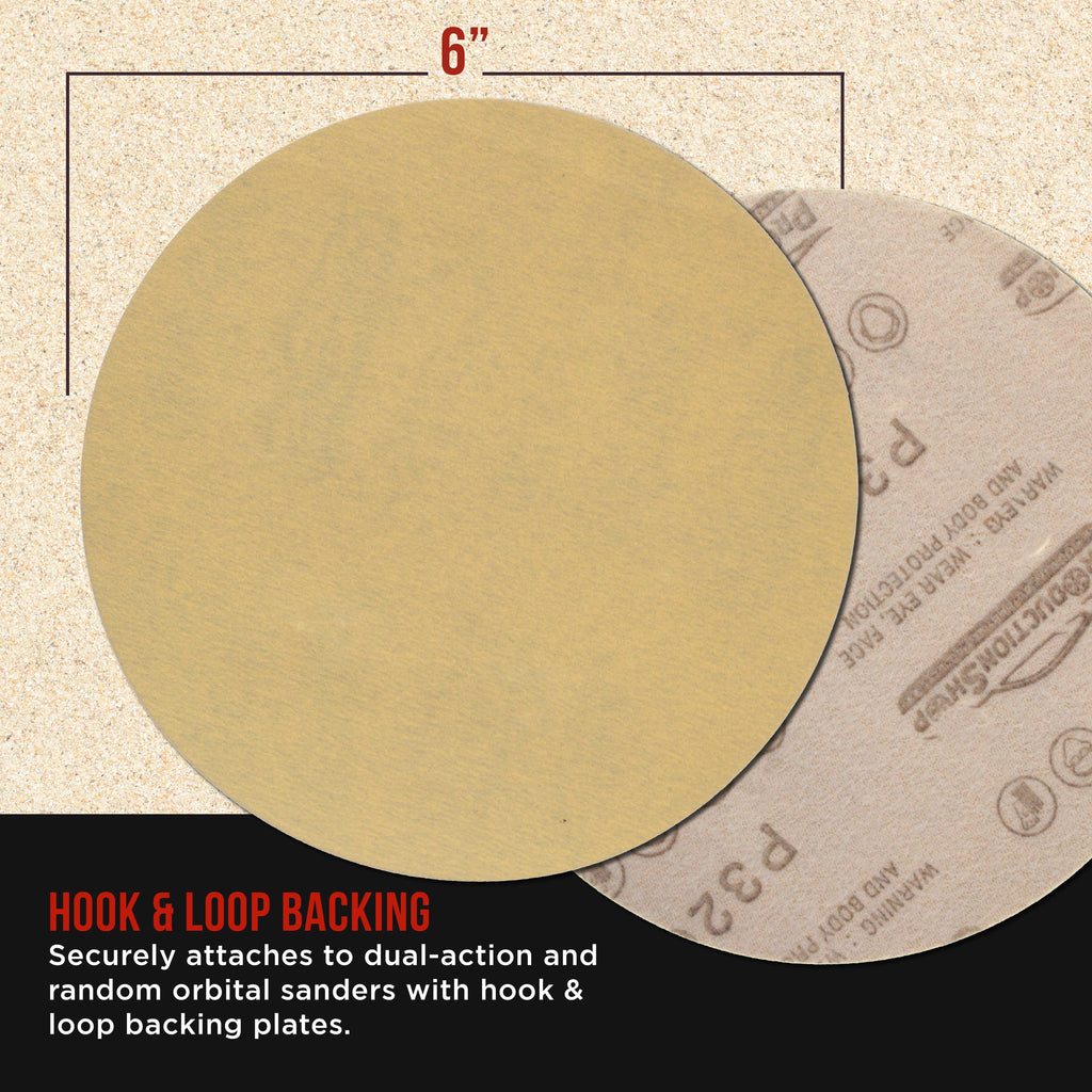 Premium 320 Grit 6" Gold Sanding Discs, Box of 100 - Hook & Loop Backing Abrasive Sandpaper for DA & Random Orbital Sanders