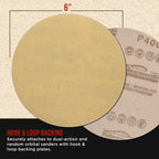Premium 400 Grit 6" Gold Sanding Discs, Box of 100 - Hook & Loop Backing Abrasive Sandpaper for DA & Random Orbital Sanders