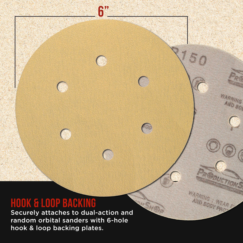 Premium 150 Grit 6" Gold Sanding Discs, 6-Hole Pattern, Box of 100 - Dustless Hook & Loop Backing Sandpaper for DA & Random Orbital Sanders