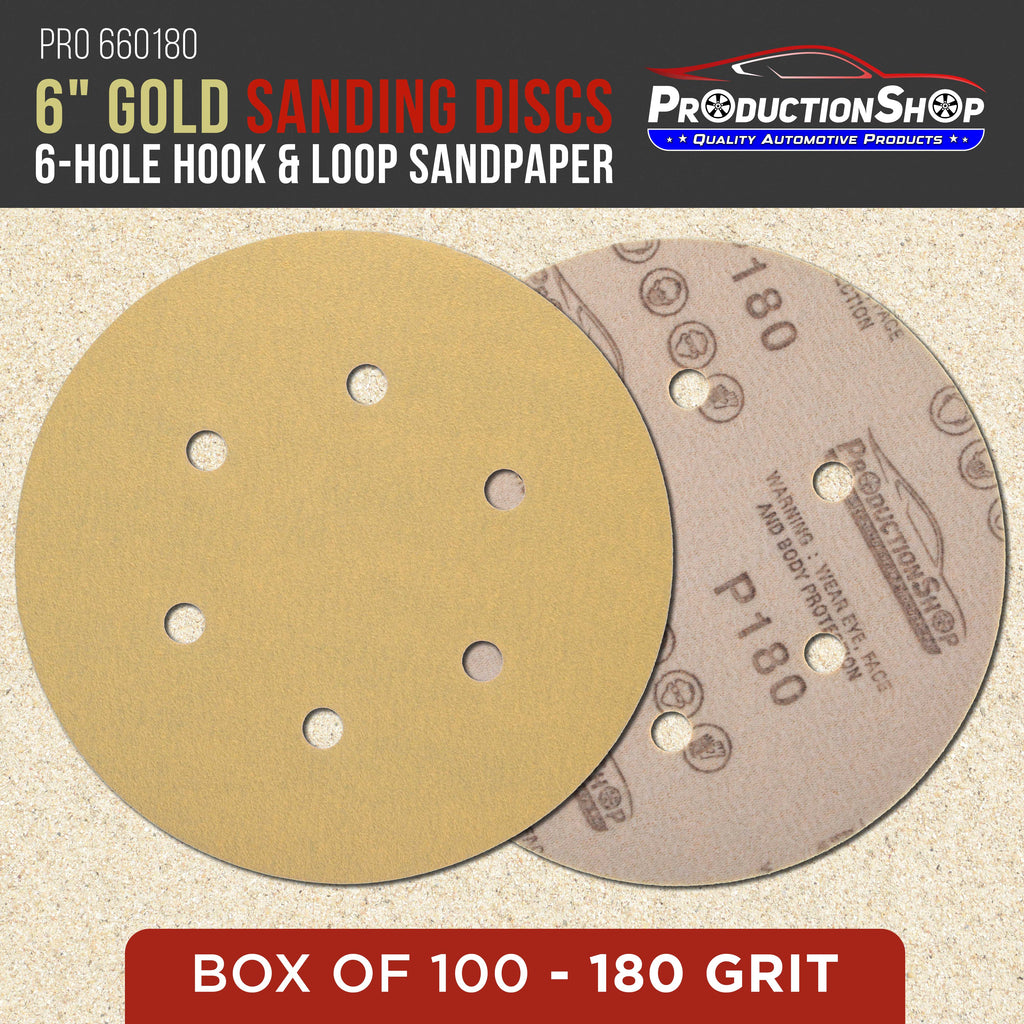 Premium 180 Grit 6" Gold Sanding Discs, 6-Hole Pattern, Box of 100 - Dustless Hook & Loop Backing Sandpaper for DA & Random Orbital Sanders