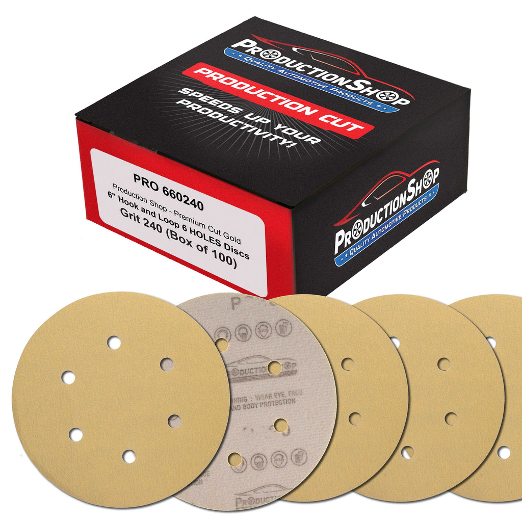Premium 240 Grit 6" Gold Sanding Discs, 6-Hole Pattern, Box of 100 - Dustless Hook & Loop Backing Sandpaper for DA & Random Orbital Sanders