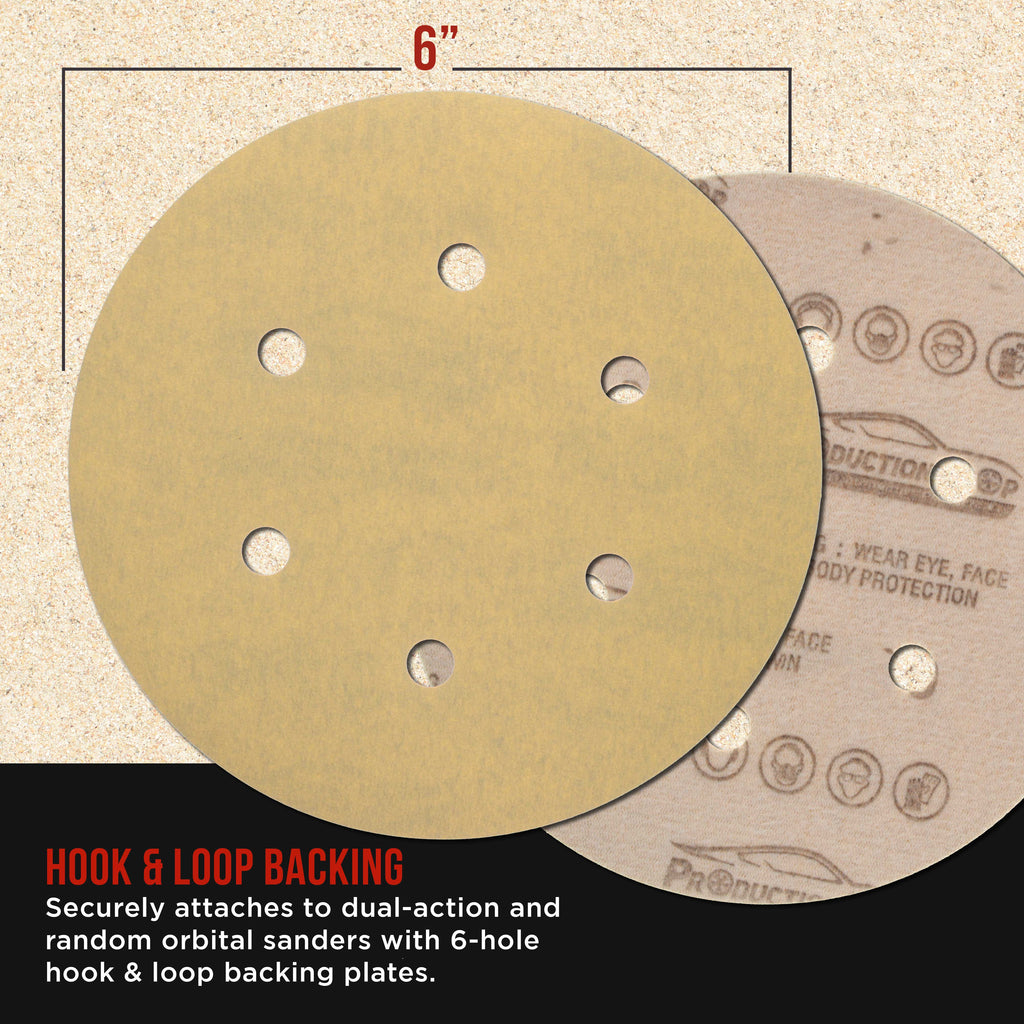 Premium 500 Grit 6" Gold Sanding Discs, 6-Hole Pattern, Box of 100 - Dustless Hook & Loop Backing Sandpaper for DA & Random Orbital Sanders