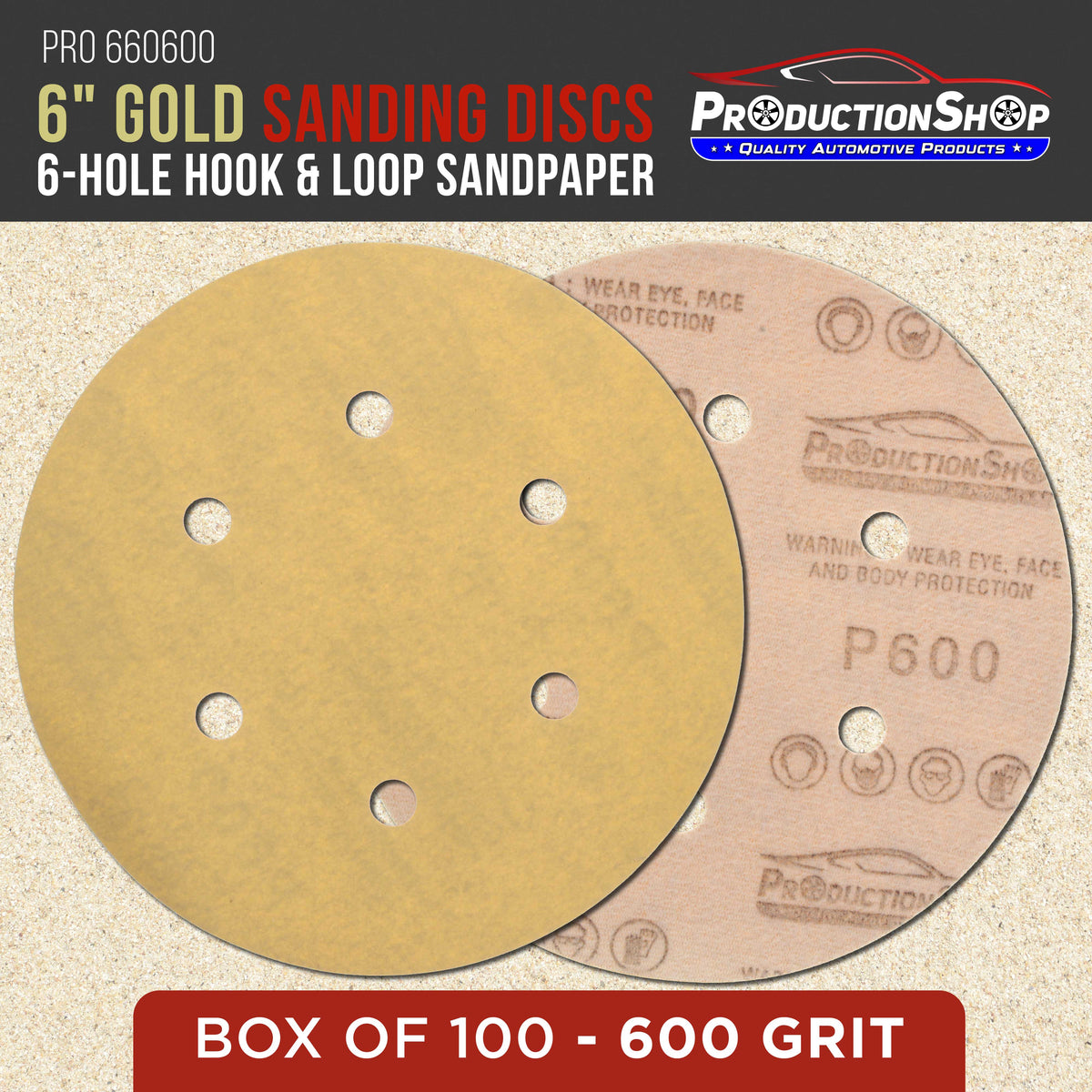Premium 100 Grit 6" Gold Sanding Discs, 6-Hole Pattern, Box of 100 - Dustless Hook & Loop Backing Sandpaper for DA & Random Orbital Sanders
