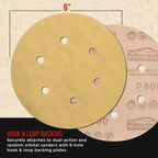 Premium 100 Grit 6" Gold Sanding Discs, 6-Hole Pattern, Box of 100 - Dustless Hook & Loop Backing Sandpaper for DA & Random Orbital Sanders