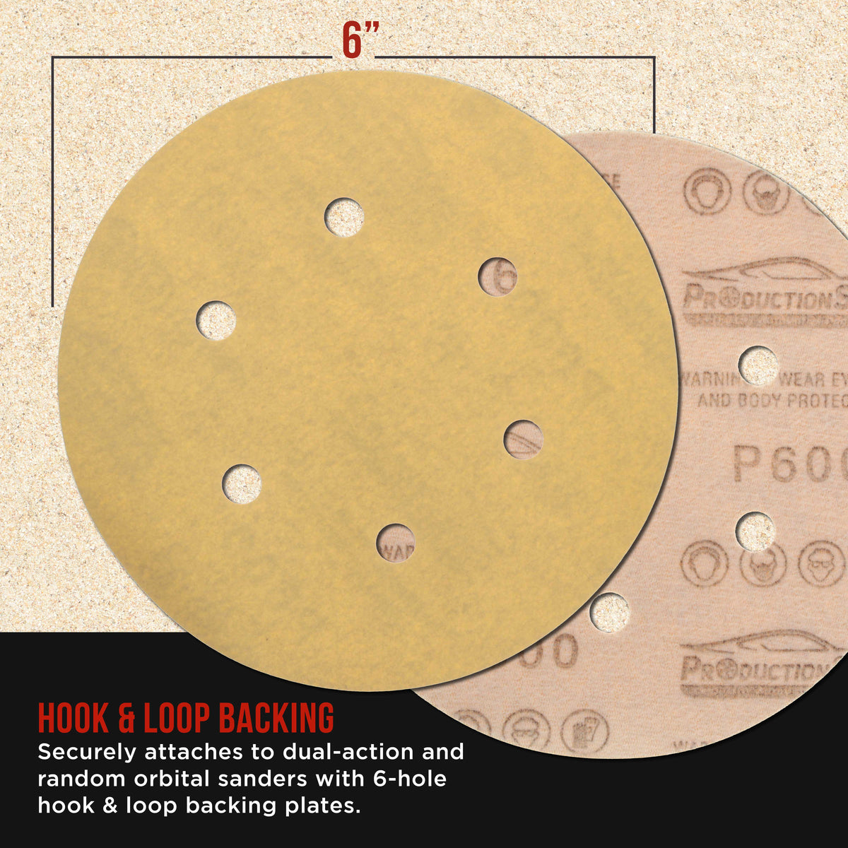 Premium 100 Grit 6" Gold Sanding Discs, 6-Hole Pattern, Box of 100 - Dustless Hook & Loop Backing Sandpaper for DA & Random Orbital Sanders