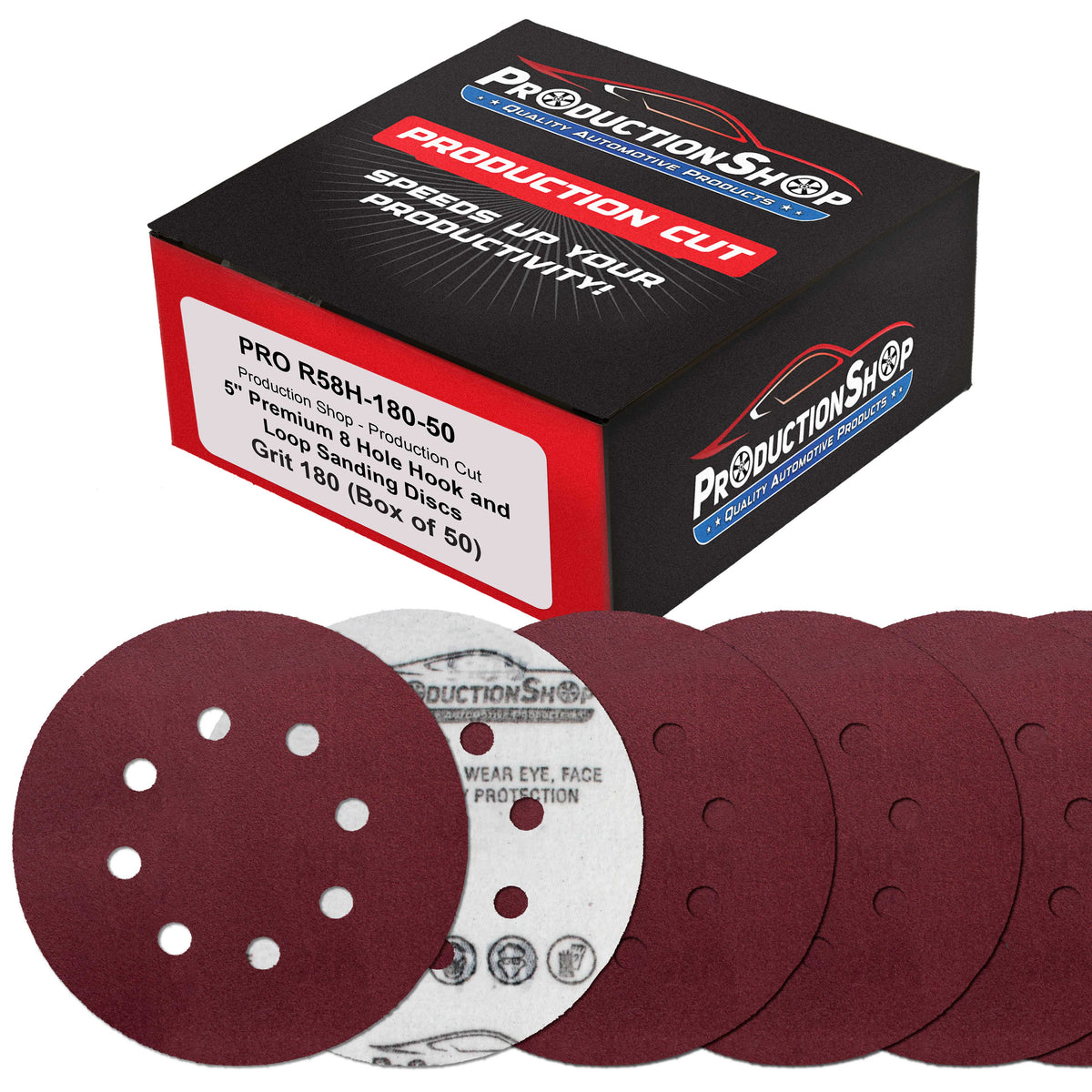 Premium 5" Red 8-Hole Pattern 180 Grit Sanding Discs, Box of 50 - Dustless Hook & Loop Backing Sandpaper for Random Orbital Sanders, Fine-Cut Abrasive