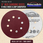 Premium 5" Red 8-Hole Pattern 180 Grit Sanding Discs, Box of 50 - Dustless Hook & Loop Backing Sandpaper for Random Orbital Sanders, Fine-Cut Abrasive