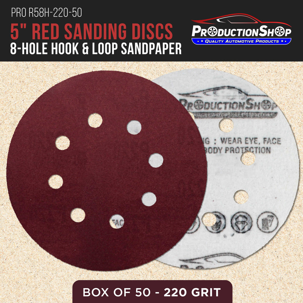 Premium 5" Red 8-Hole Pattern 220 Grit Sanding Discs, Box of 50 - Dustless Hook & Loop Backing Sandpaper for Random Orbital Sanders, Fine-Cut Abrasive