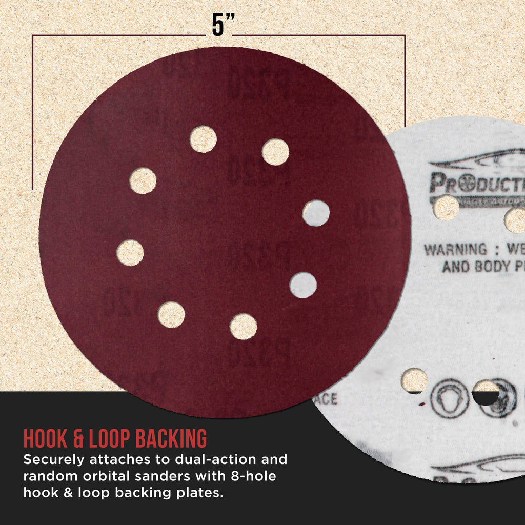 Premium 5" Red 8-Hole Pattern 320 Grit Sanding Discs, Box of 50 - Dustless Hook & Loop Backing Sandpaper for Random Orbital Sanders, Extra-Fine-Cut Abrasive