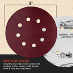 Premium 5" Red 8-Hole Pattern 320 Grit Sanding Discs, Box of 50 - Dustless Hook & Loop Backing Sandpaper for Random Orbital Sanders, Extra-Fine-Cut Abrasive