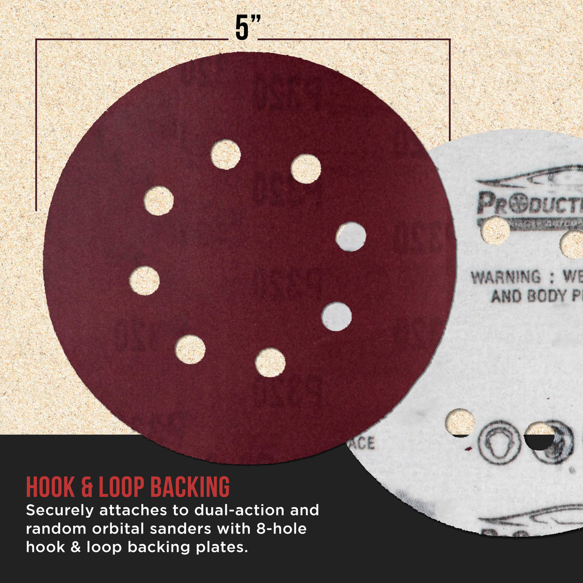 Premium 5" Red 8-Hole Pattern 320 Grit Sanding Discs, Box of 50 - Dustless Hook & Loop Backing Sandpaper for Random Orbital Sanders, Extra-Fine-Cut Abrasive