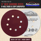 Premium 5" Red 8-Hole Pattern 400 Grit Sanding Discs, Box of 50 - Dustless Hook & Loop Backing Sandpaper for Random Orbital Sanders, Extra-Fine-Cut Abrasive
