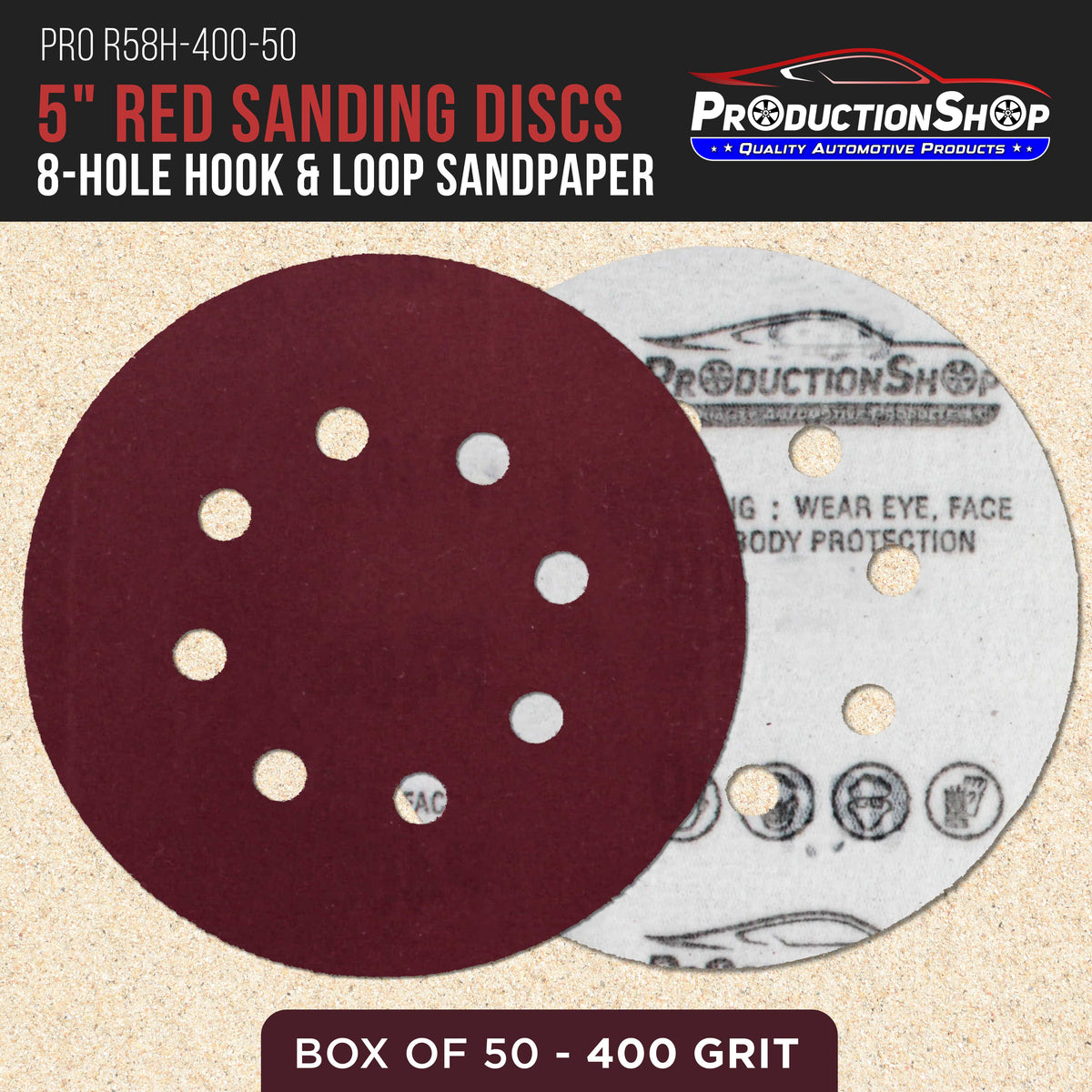 Premium 5" Red 8-Hole Pattern 400 Grit Sanding Discs, Box of 50 - Dustless Hook & Loop Backing Sandpaper for Random Orbital Sanders, Extra-Fine-Cut Abrasive