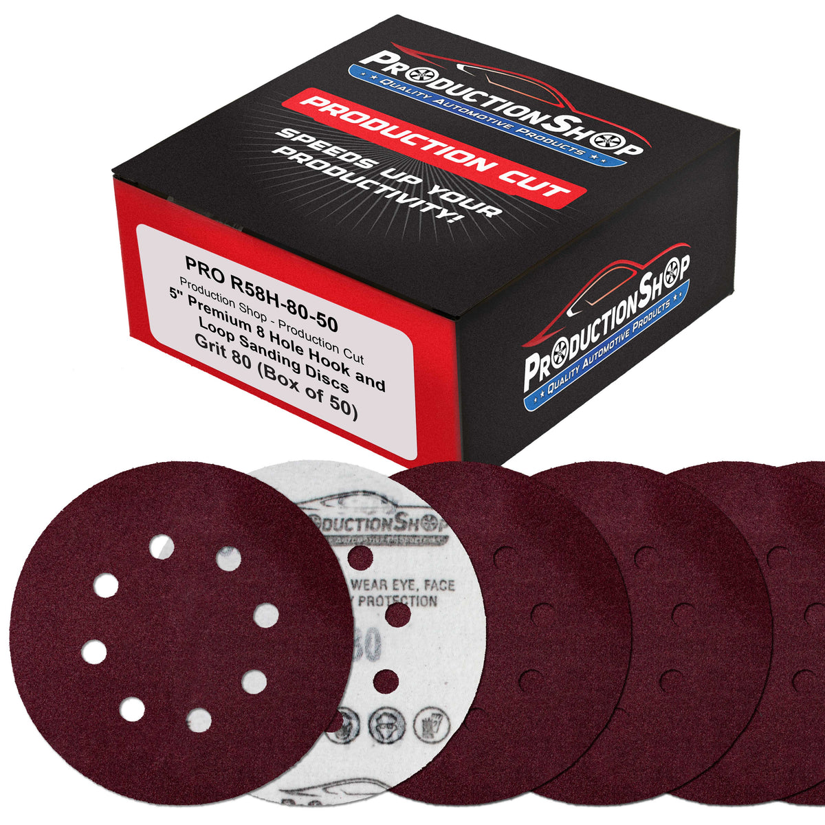 Premium 5" Red 8-Hole Pattern 80 Grit Sanding Discs, Box of 50 - Dustless Hook & Loop Backing Sandpaper for Random Orbital Sanders, Medium-Coarse-Cut Abrasive