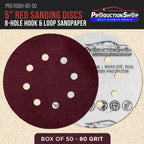 Premium 5" Red 8-Hole Pattern 80 Grit Sanding Discs, Box of 50 - Dustless Hook & Loop Backing Sandpaper for Random Orbital Sanders, Medium-Coarse-Cut Abrasive