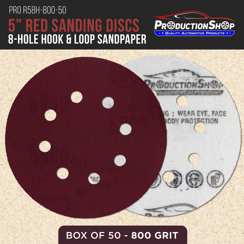 Premium 5" Red 8-Hole Pattern 800 Grit Sanding Discs, Box of 50 - Dustless Hook & Loop Backing Sandpaper for Random Orbital Sanders, Super-Fine-Cut Abrasive