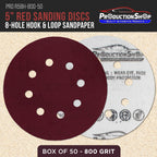 Premium 5" Red 8-Hole Pattern 800 Grit Sanding Discs, Box of 50 - Dustless Hook & Loop Backing Sandpaper for Random Orbital Sanders, Super-Fine-Cut Abrasive