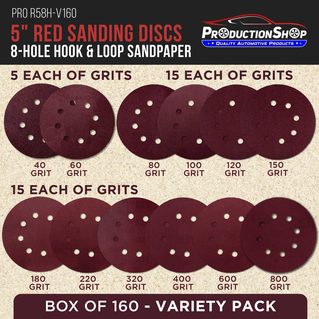 5" Red 8-Hole Pattern Sanding Discs, 160 Disc Variety Pack, Grits 40, 60, 80, 100, 120, 150, 180, 220, 320, 400, 600, 800 - Hook & Loop Sandpaper, Random Orbital Sanders