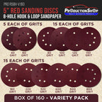 5" Red 8-Hole Pattern Sanding Discs, 160 Disc Variety Pack, Grits 40, 60, 80, 100, 120, 150, 180, 220, 320, 400, 600, 800 - Hook & Loop Sandpaper, Random Orbital Sanders