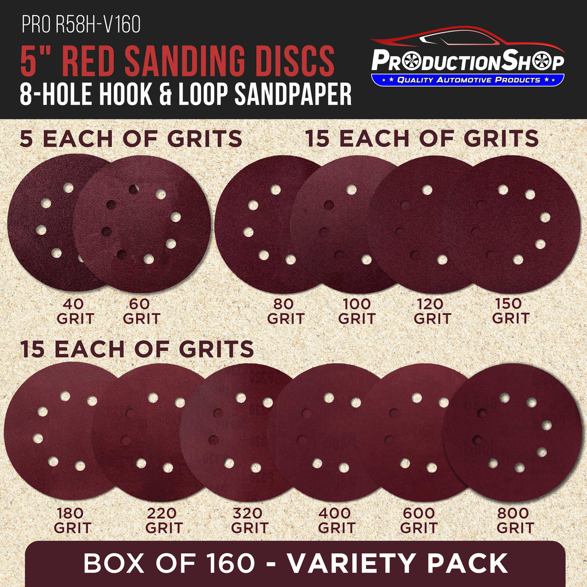5" Red 8-Hole Pattern Sanding Discs, 160 Disc Variety Pack, Grits 40, 60, 80, 100, 120, 150, 180, 220, 320, 400, 600, 800 - Hook & Loop Sandpaper, Random Orbital Sanders