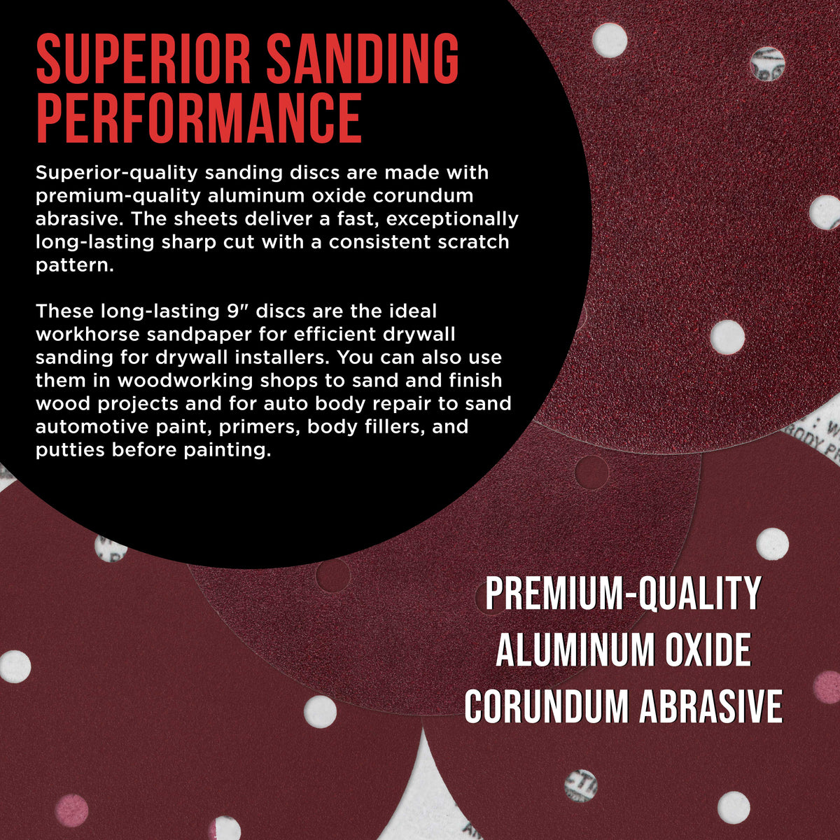 Premium 9" Red 6-Hole Pattern 150 Grit Sanding Discs, Box of 20 - Dustless Hook & Loop Backing Sandpaper for Drywall Power Sanders, Medium-Cut Abrasive