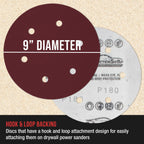 Premium 9" Red 6-Hole Pattern 180 Grit Sanding Discs, Box of 20 - Dustless Hook & Loop Backing Sandpaper for Drywall Power Sanders, Medium-Cut Abrasive