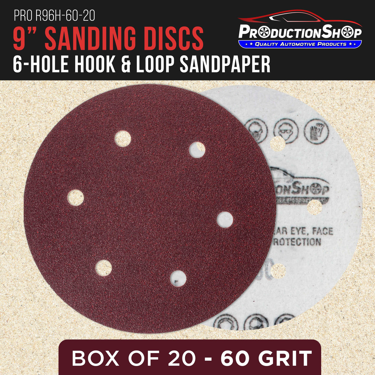 Premium 9" Red 6-Hole Pattern 60 Grit Sanding Discs, Box of 20 - Dustless Hook & Loop Backing Sandpaper for Drywall Power Sanders, Coarse-Cut Abrasive